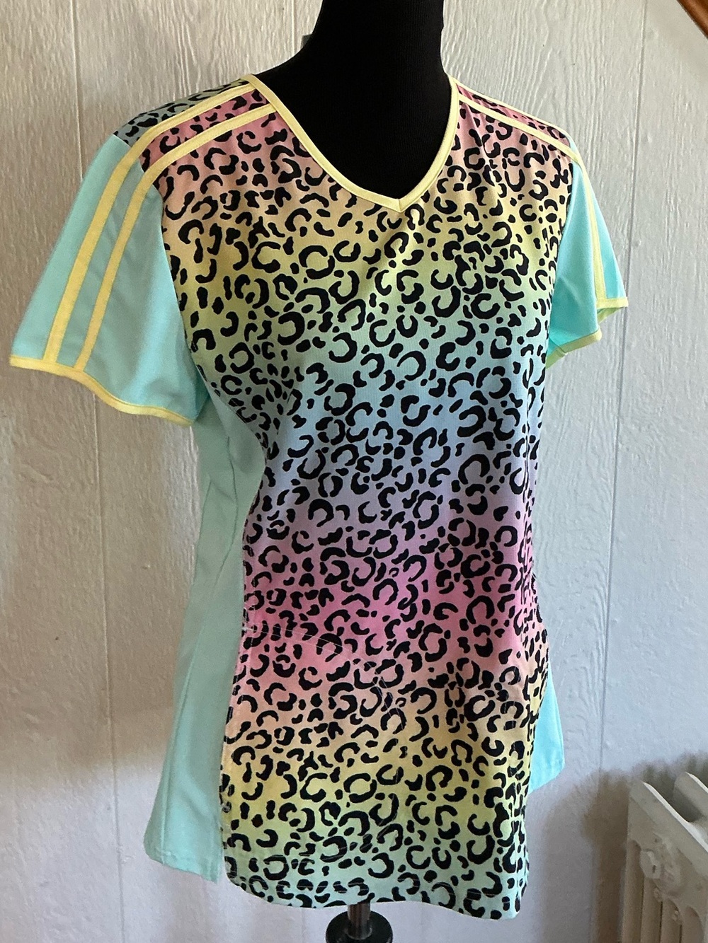 HeartSoul Multicolor Leopard Print Scrub Top with Mint Panels